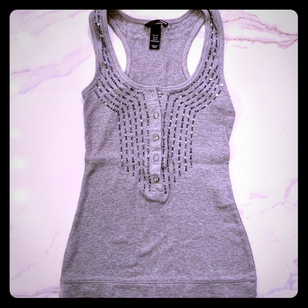 H&M Grey Ribbed Beaded Racerback Henley Tank Top
